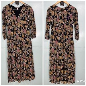 Banjanan Floral Neon Black Long Sleeve Maxi‎ Tropical V Neck Dress Sz XS